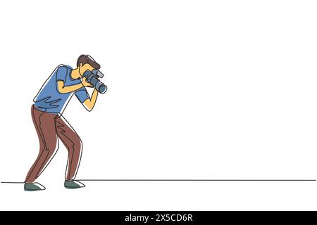 Einfache durchgehende Linienzeichnung lustiger professioneller Fotograf mit Kamera, der Fotos mit Pose macht. Fotograf Charakter mit Kamera Digital. Dynamisch Stock Vektor