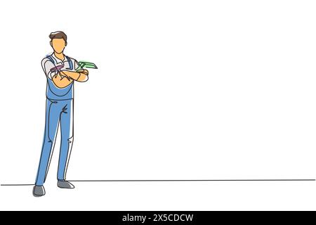 Durchgängige einzeilige Reinigung, die Reinigungswerkzeug in Position bringt und hält. Reinigungsservice mit kühler Haltung. Konzept von Menschen, die gerne in c arbeiten Stock Vektor