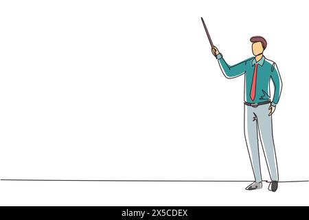 Ein einzeiliger, männlicher Lehrer, Professor, der vor der Klasse steht, mit Zeiger-Stick-Lehrstunde. Schullehrer in aufgeräumtem Hemd mit Krawatte. Stock Vektor