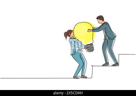 Eine Frau, die eine durchgehende Linie zeichnet, hilft dem Mann, die Glühbirne auf der Treppe anzuheben. Geschäftsidee, Teamarbeit, Zielerreichung, Lösung, Erfolg, Gewinner Stock Vektor