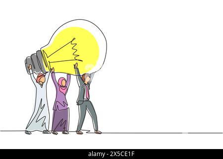 Durchgängiges Konzept für eine Linienzeichnung mit gemeinsamer Teamarbeit, Aufbau eines Geschäftsteams. Arabische Männer Frauen halten und heben die Glühbirne. Ideengenerierung, kreative Suche Stock Vektor