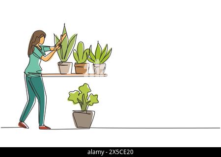 Einzelne durchgehende Linie Zeichenfrau Gärtner mit Gestell und Blumen. Weibchen in Gartenpflanzen. Gartenbau Blumen im Garten Pflanzen. Bauerngir Stock Vektor
