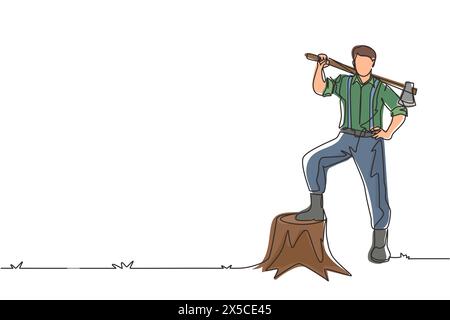 Einzeilige Zeichnung lächelnder Holzfäller mit Hemd, Jeans und Stiefeln. Auf seiner Schulter eine Axt, die mit einem Fuß auf einem Baumstumpf posiert. Continuo Stock Vektor