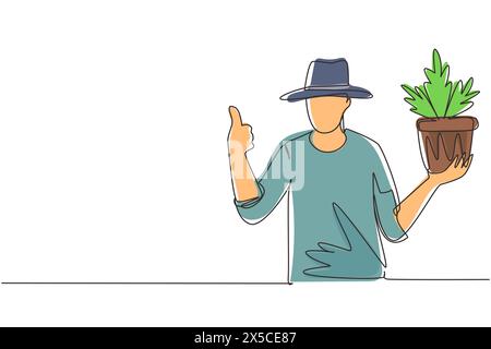 Ein einzeiliger Gärtner baut Blumentopf an. Saison zum Pflanzen. Arbeiten im Garten. Mann in Arbeitshandschuhen mit Daumen-Geste. Bauern machen Arbeit, Agri Stock Vektor