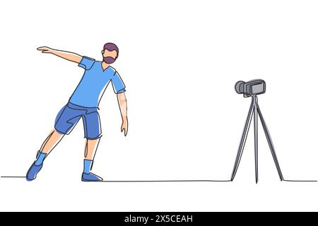 Durchgehende eine Linie zeichnen glücklicher junger arabischer Mann, der mit der Kamera Sport auf der Matte macht. Videoaufnahme für Blog auf Videokamera. Online-Schulung. Sport bei Stock Vektor