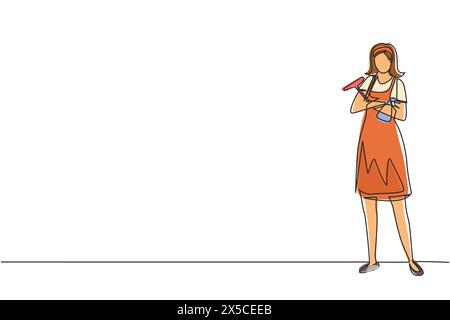 Durchgehende einzeilige Zeichnung glückliche Reinigungsfrau posiert und hält Reinigungswerkzeug. Reinigungsservice mit kühler Haltung. Menschen, die gerne arbeiten Stock Vektor