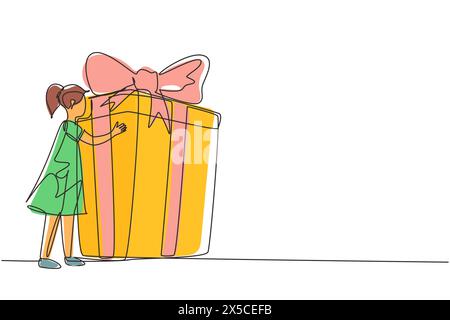 Eine einzelne durchgehende Linie zeichnet glückliches kleines Mädchen, das ein riesiges Geburtstagsgeschenk umarmt. Zufriedenes Kind, das in der Nähe einer verpackten Geburtstagsgeschenkbox mit Schleife steht. Vorhanden, Stock Vektor