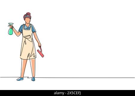 Einzelne durchgehende Zeichnerin Frau, die das Haus reinigt, das Fenster mit Waschmitteln abwischt, Spezialzubehör. Reinigung und Sauberkeit von Stock Vektor