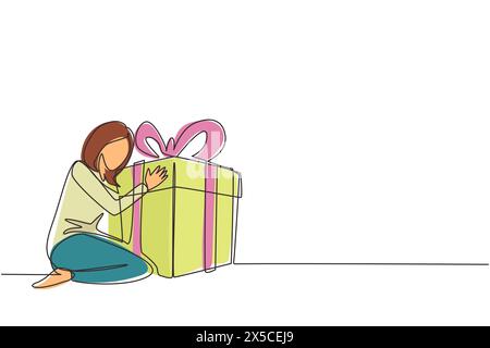 Eine einzige Zeile zeichnet eine fröhliche kaukasische Frau, die ein riesiges Geburtstagsgeschenk umarmt. Junge zufriedene Frau, die in der Nähe einer verpackten Geburtstagsgeschenkbox mit Band sitzt. Stock Vektor
