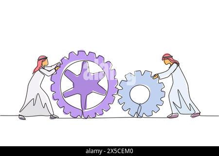Durchgehende Linie, die zwei arabische Geschäftsleute zieht, die große Zahnräder zusammenschieben. Teamarbeit im Zahnradmechanismus. Männer, die an Schubgetrieben arbeiten, Team Stock Vektor