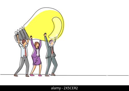 Durchgängiges Konzept für eine Linienzeichnung mit gemeinsamer Teamarbeit, Aufbau eines Geschäftsteams. Männer Frauen halten und heben die Glühbirne. Ideengenerierung, kreative Suche. S Stock Vektor