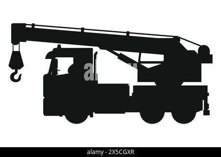 Silhouette des Kranwagens. Schwere Maschinen für den Bau und den Bergbau Stock Vektor