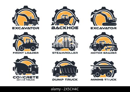 Schwere Maschinen Etikett Logo, Bagger, Bagger, Frontlader, Bodenverdichter, Motorgrader, Beton-Lkw, LKW und Bergbau-LKW Stock Vektor