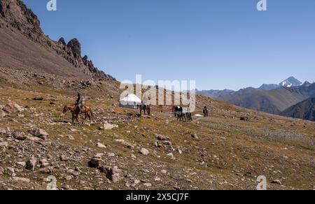 Wanderer und Jurten im Hochtal, Keldike Valley auf dem Weg zum Ala Kul Pass, Tien Shan Berge, Kirgisistan Stockfoto