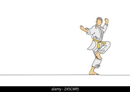 Eine einzelne Linienzeichnung des jungen sportlichen Karateka-Mannes in Kampfuniform mit Gürtel, der Kampfkunst an der Gym-Vektor-Illustration ausübt. Gesundes Sportleben Stock Vektor