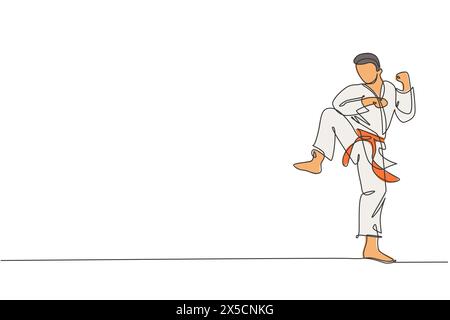 Eine einzelne Linienzeichnung des jungen sportlichen Karateka-Mannes in Kampfuniform mit Gürtel, der Kampfkunst an der Gym-Vektor-Illustration ausübt. Gesundes Sportleben Stock Vektor