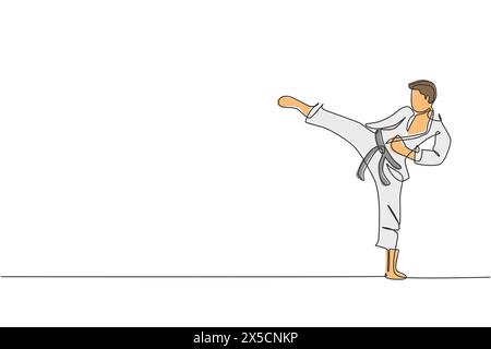 Eine einzelne Linienzeichnung des jungen sportlichen Karateka-Mannes in Kampfuniform mit Gürtel, der Kampfkunst an der Gym-Vektor-Illustration ausübt. Gesundes Sportleben Stock Vektor