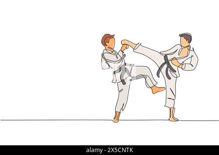 Eine durchgehende Linie, die zwei junge, selbstbewusste Karateka-Männer im Kimono zeigt, die Karatekämpfe im Dojo üben. Sporttrainingskonzept der Kampfkunst. Trendig Stock Vektor