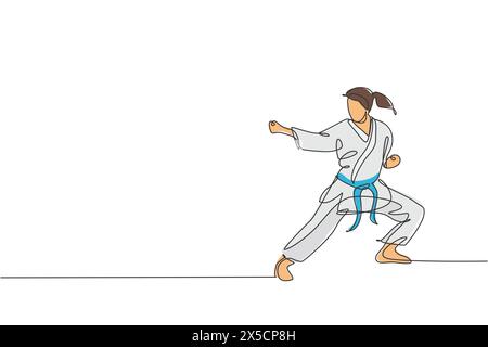 Eine einzelne Linie Zeichnung des jungen sportlichen Karateka-Mädchens in Kampfuniform mit Gürtel, der Kampfkunst an der Gym-Vektor-Illustration ausübt. Gesundes Sportleben Stock Vektor