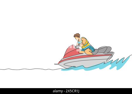 Eine einzelne Linie Zeichnung junger sportlicher Mann Spiel Jet Ski in der Meer Strand Grafik Vektor Illustration. Gesunder Lebensstil und Extremsportkonzept. Su Stock Vektor