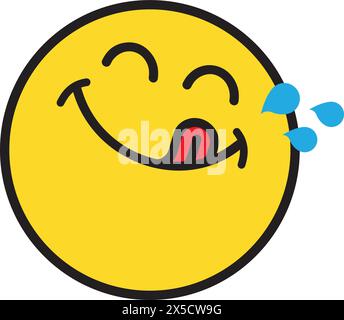 Yummy Face Happy Lächeln Vektor Zeichentricklinie Emoticon mit Zunge lecken Mund. Köstliches leckeres Essen Eating Emoji Gesicht auf gelbem Design Hintergrund Yum Stock Vektor
