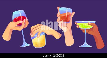 Ein Glas mit Cocktail-Drink für die Party in der Hand. Alkoholbecher mit Bier, Whisky, Martini und Wein zum Anfeuern in Freund Firmensymbol isoliert auf Hintergrund. Geburtstagsfeier in der Gruppe von Menschen Kinnalkohol Stock Vektor