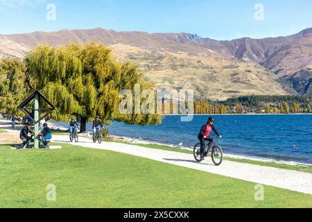 Radfahrer am Seeufer im Herbst, Wānaka, Otago, Südinsel, Neuseeland Stockfoto