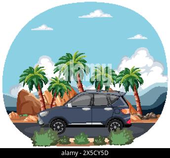 Vektor-Illustration eines Autos, das in der Wüste reist Stock Vektor