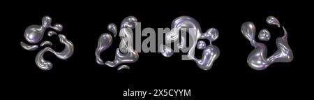 Flüssige verchromte Metallspritzer isoliert auf schwarzem Hintergrund. Vektor-realistische Illustration der silbernen Substanz Textur mit glänzend irisierenden Oberfläche, abstrakten Quecksilbertropfen, toxischen Flüssigkeitsflecken Stock Vektor