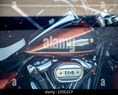 Bordeaux , Frankreich - 04 29 2024 : harley davidson Logo Zeichen und Markentext auf Kraftstofftank 114 Kubikzoll Harley-Davidson in Fenstern Fassade amerikanischer M Stockfoto