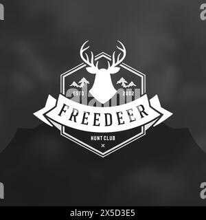 Hirschkopf-Logo-Emblem Vektor-Illustration. Outdoor-Abenteuer Freizeit, Berge Silhouetten Hemd, Druckstempel. Vintage-Typografie-Abzeichen. Stock Vektor