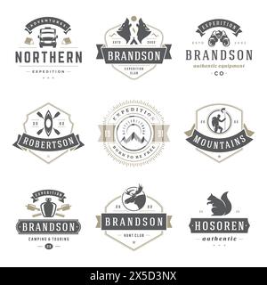 Camping Logos Vorlagen Vektor Design Elemente und Silhouetten Set, Outdoor Abenteuer Berge und Wald Expeditionen, Vintage Stil Embleme und Badg Stock Vektor
