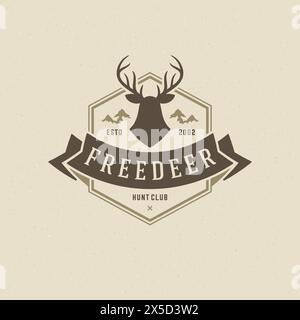 Hirschkopf-Logo-Emblem Vektor-Illustration. Outdoor-Abenteuer Freizeit, Berge Silhouetten Hemd, Druckstempel. Vintage-Typografie-Abzeichen. Stock Vektor