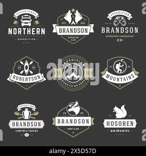 Camping Logos Design Vorlagen Vektorelemente und Silhouetten Set, Outdoor Abenteuer Berge und Wald Expeditionen, Vintage Stil Embleme und Abzeichen Stock Vektor