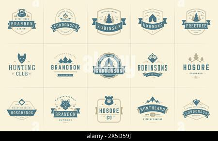 Camping Logos und Abzeichen Vorlagen Vektor Design Elemente und Silhouetten Set. Outdoor-Abenteuer Berge und Forest Camp Vintage Stil Embleme und l Stock Vektor