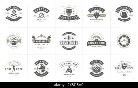 Camping Logos und Abzeichen Vorlagen Vektor Design Elemente und Silhouetten Set. Outdoor-Abenteuer Berge und Forest Camp Vintage Stil Embleme und l Stock Vektor