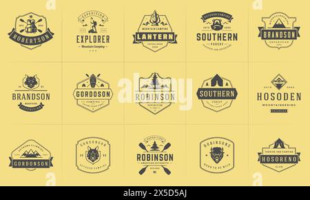 Camping Logos und Abzeichen Vorlagen Vektor Design Elemente und Silhouetten Set. Outdoor-Abenteuer Berge und Forest Camp Vintage Stil Embleme und l Stock Vektor