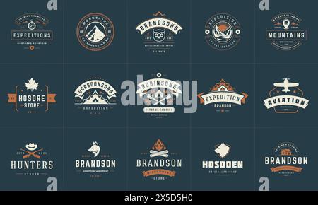 Camping Logos und Abzeichen Vorlagen Vektor Design Elemente und Silhouetten Set. Outdoor-Abenteuer Berge und Forest Camp Vintage Stil Embleme und l Stock Vektor