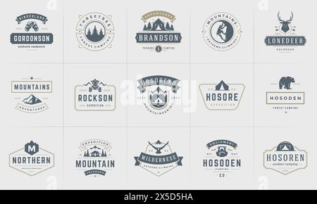 Camping Logos und Abzeichen Vorlagen Vektor Design Elemente und Silhouetten Set. Outdoor-Abenteuer Berge und Forest Camp Vintage Stil Embleme und l Stock Vektor