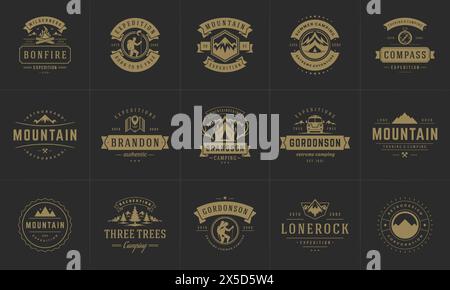 Camping Logos und Abzeichen Vorlagen Vektor Design Elemente und Silhouetten Set. Outdoor-Abenteuer Berge und Forest Camp Vintage Stil Embleme und l Stock Vektor