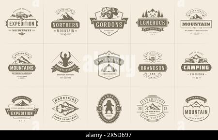 Camping Logos und Abzeichen Vorlagen Vektor Design Elemente und Silhouetten Set. Outdoor-Abenteuer Berge und Forest Camp Vintage Stil Embleme und l Stock Vektor