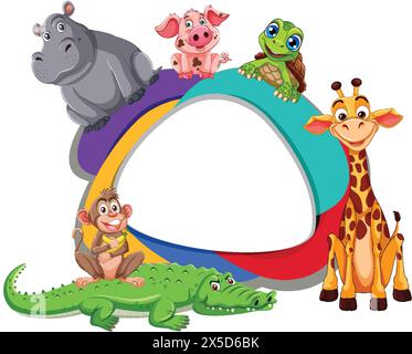 Zeichentricktiere gruppiert um einen bunten Buchstaben Q Stock Vektor