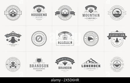 Camping Logos und Abzeichen Vorlagen Vektor Design Elemente und Silhouetten Set. Outdoor-Abenteuer Berge und Forest Camp Vintage Stil Embleme und l Stock Vektor