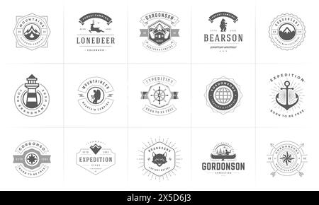 Camping Logos und Abzeichen Vorlagen Vektor Design Elemente und Silhouetten Set. Outdoor-Abenteuer Berge und Forest Camp Vintage Stil Embleme und l Stock Vektor