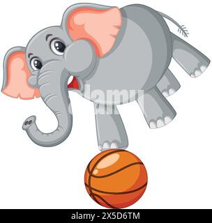 Cartoon-Elefant balanciert auf einem orangefarbenen Basketball Stock Vektor