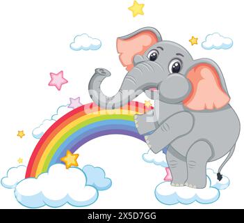 Fröhlicher Elefant balanciert auf einem bunten Regenbogen Stock Vektor