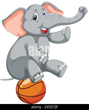 Fröhlicher Comic-Elefant, der auf einem orangefarbenen Basketball balanciert Stock Vektor