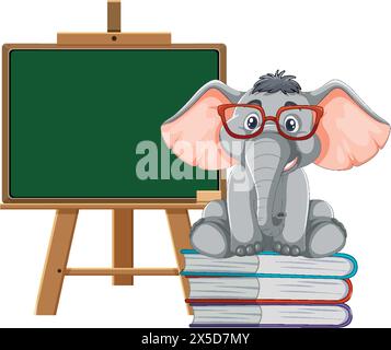 Cartoon Elefant sitzt auf Büchern vor der Tafel Stock Vektor