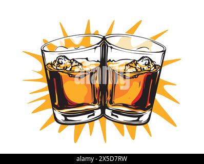 Die Gläser werden zusammen mit Whiskey verfeinert. Handgezeichneter Stil. Design alkoholischer Getränke. Vektorabbildung Stock Vektor