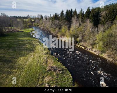 Natur Estlands. Der Pirita River fließt im Frühjahr durch den Wald, Drohnenfoto. Stockfoto